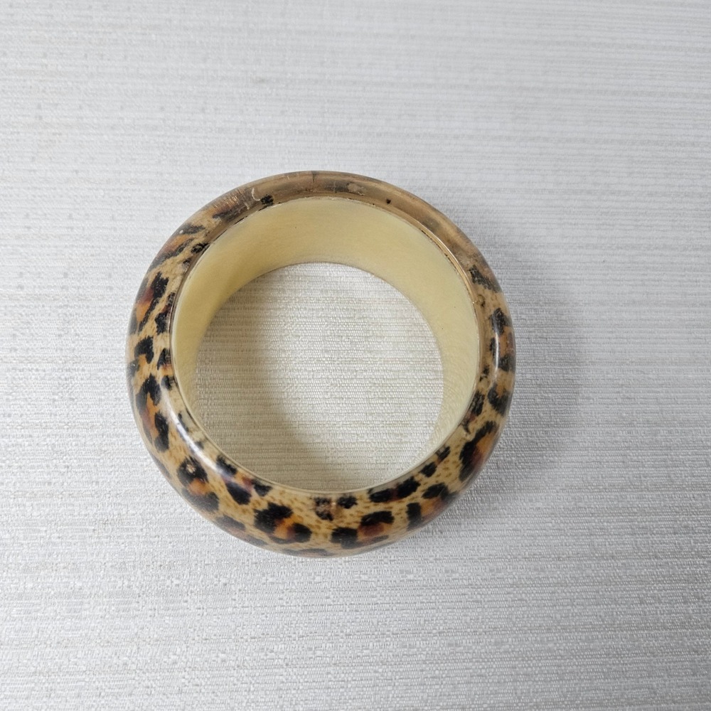 Vintage Leopard Print Chunky Bangle Bracelet Brown Tan Animal Pattern Resin - Picture 2 of 5